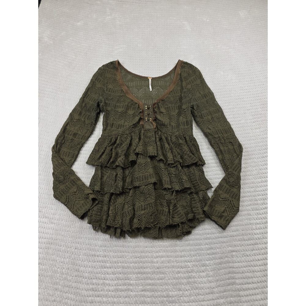 Free People Shirt Womens Medium Green Lace Peplum Boho Whimsy Goth Festival